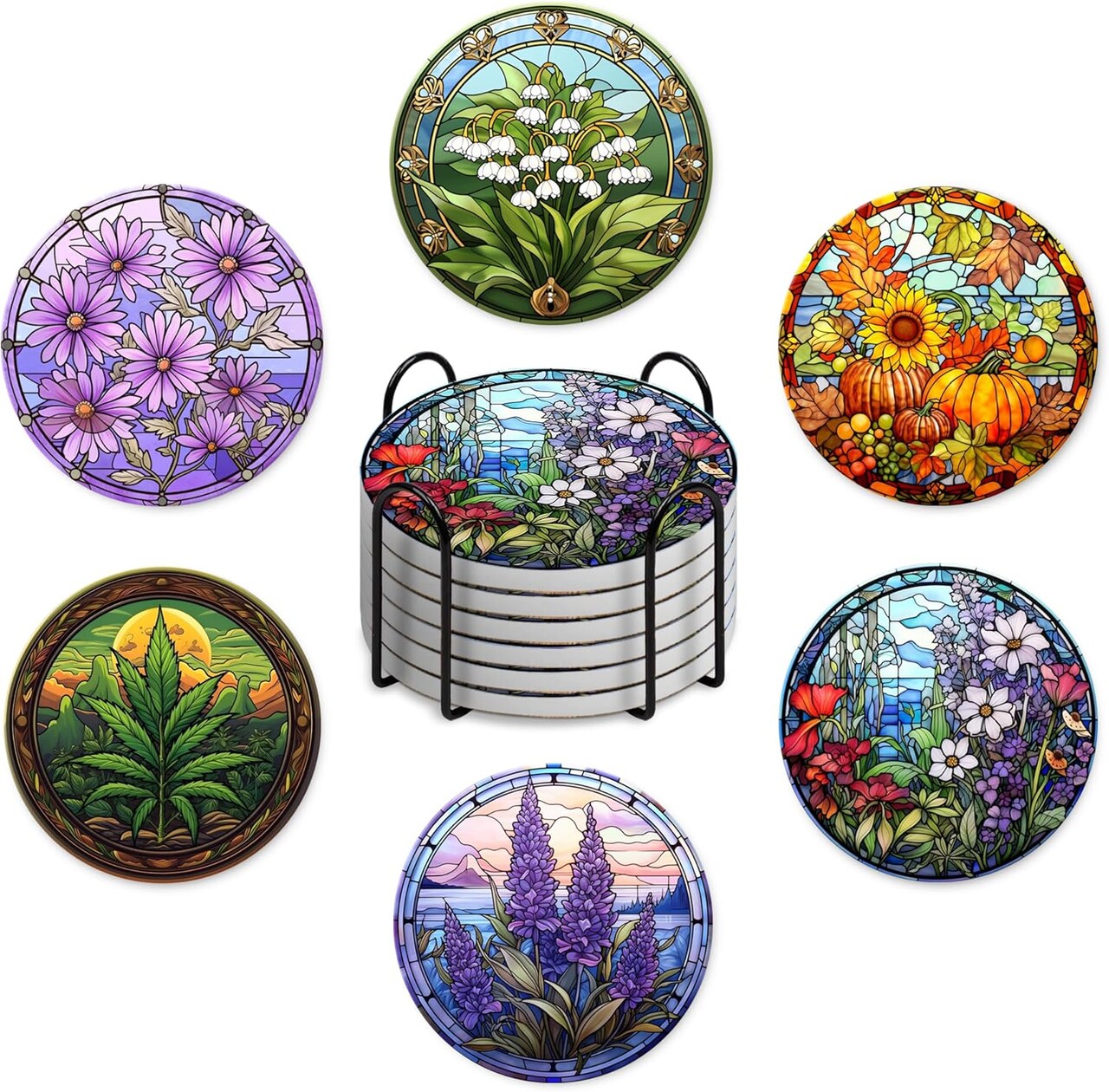 Coasters Set of 6 with Holder-4in Absorbent Ceramics Stone Coaster-Plant Flowers Style for Tabletop Protection Drink Coasters-Coffee Bar Accessories,Home Decor-Housewarming Gifts for New Home